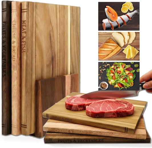 Solid acacia wood cutting board shaped like a book