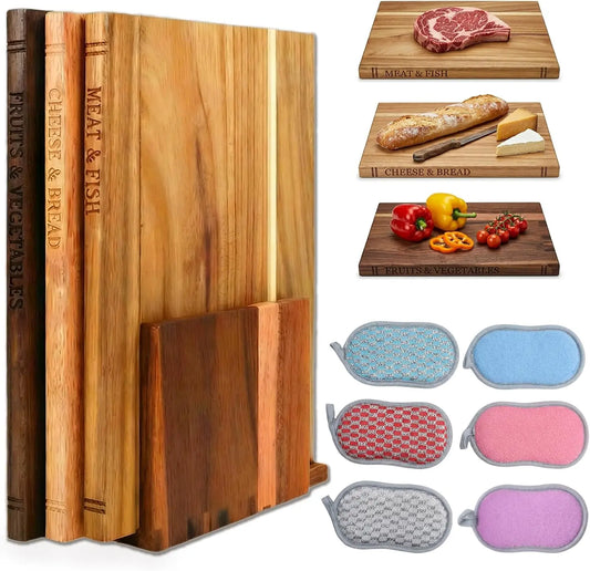 Solid acacia wood cutting board shaped like a book